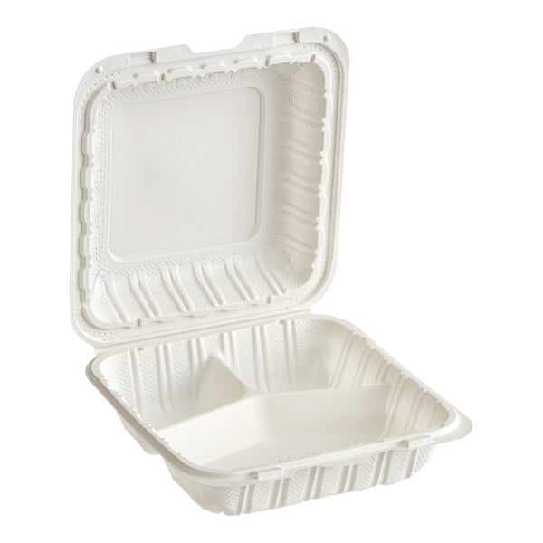 3-Compartment Take-Out Container, 8" x 8", Microwaveable, White