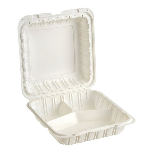 3-Compartment Take-Out Container, 9" x 9", Microwaveable, White