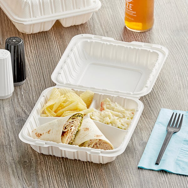 3-Compartment Take-Out Container, 8" x 8", Microwaveable, White