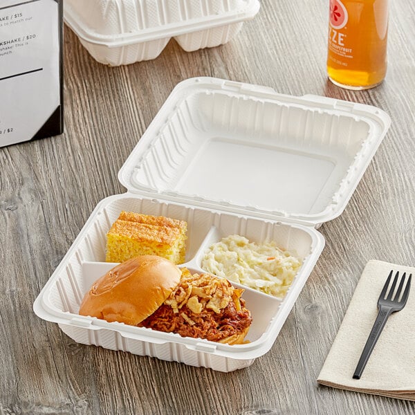 3-Compartment Take-Out Container, 9" x 9", Microwaveable, White